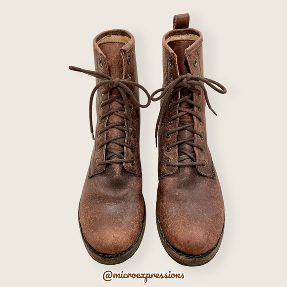 $378 Frye Veronica Combat Distress Brown Leather Lace Up Moto Combat Ankle Boot - Picture 11 of 16